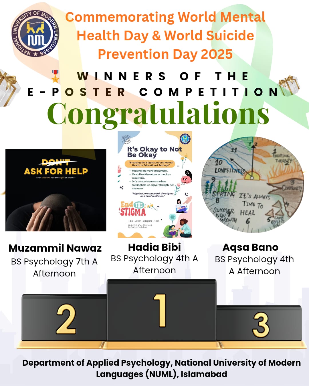 1st Hadia Bibi (B.S,4th Semester), 2nd Muzammil Nawaz (B.S, 7th Semester), 3rd Aqsa Bano (B.S, 4th Semester)